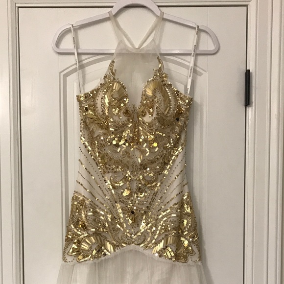 Custom Sherri Hill white/gold prom pageant gown - Picture 2 of 8
